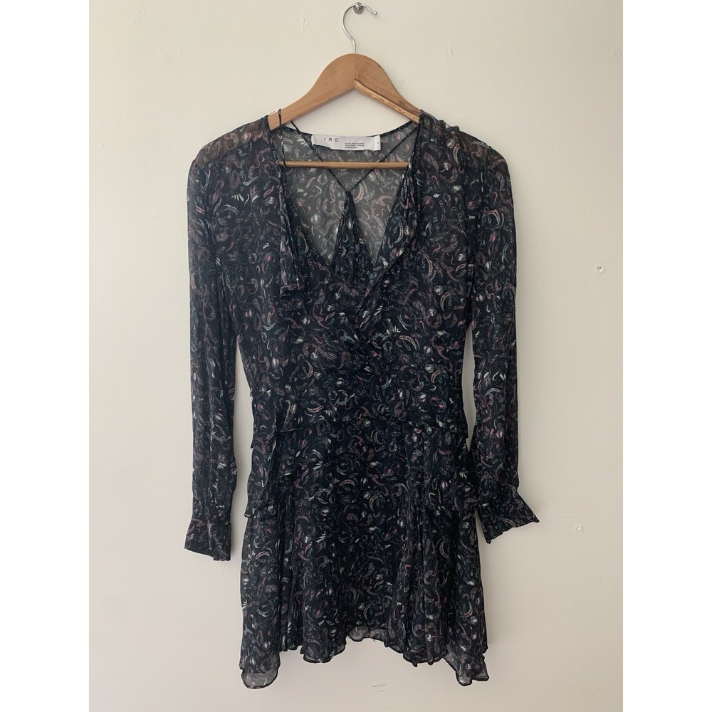 IRO Mini Honess Dress Sz 36 Print Ruffle Floral Delicate Long Sleeve Vneck Lined